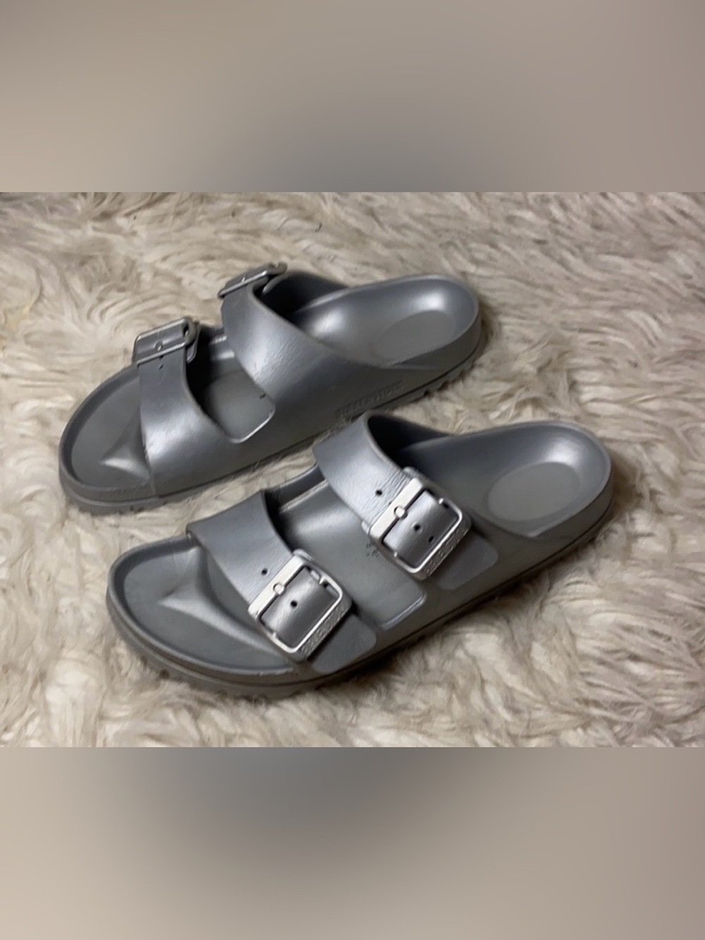 Birkenstock Arizona Essentials Silver Metallic Slide Sandals